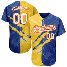 Laden Sie das Bild in den Galerie-Viewer, Custom Graffiti Pattern White Royal Yellow-Orange 3D Scratch Authentic Baseball Jersey