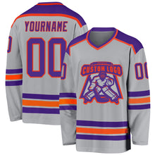 Load image into Gallery viewer, Custom Gray Purple-Orange Hockey Jersey