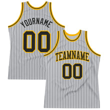 Laden Sie das Bild in den Galerie-Viewer, Custom Gray Black Pinstripe Black-Gold Authentic Basketball Jersey