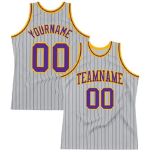 Load image into Gallery viewer, Custom Gray Black Pinstripe Purple-Gold Authentic Basketball Jersey