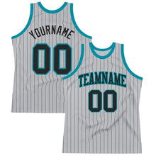 Laden Sie das Bild in den Galerie-Viewer, Custom Gray Black Pinstripe Black-Teal Authentic Basketball Jersey