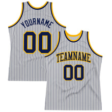 Laden Sie das Bild in den Galerie-Viewer, Custom Gray Navy Pinstripe Navy-Gold Authentic Basketball Jersey