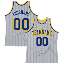 Laden Sie das Bild in den Galerie-Viewer, Custom Gray Royal Pinstripe Royal-Gold Authentic Basketball Jersey