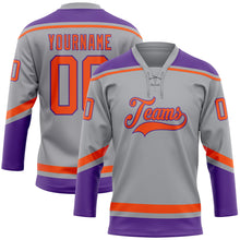 Load image into Gallery viewer, Custom Gray Orange-Purple Hockey Lace Neck Jersey