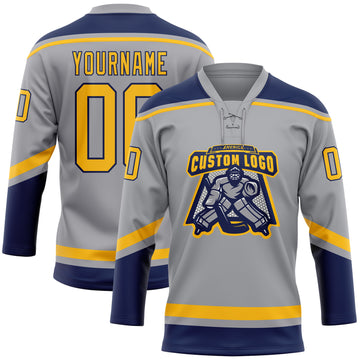 Custom Gray Gold-Navy Hockey Lace Neck Jersey