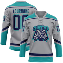 Загрузить изображение в средство просмотра галереи, Custom Gray Navy-Teal Hockey Lace Neck Jersey