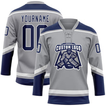 Загрузить изображение в средство просмотра галереи, Custom Gray Navy-White Hockey Lace Neck Jersey