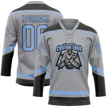 Custom Gray Light Blue-Black Hockey Lace Neck Jersey