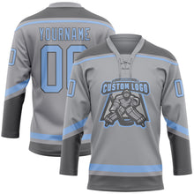 Laden Sie das Bild in den Galerie-Viewer, Custom Gray Light Blue-Steel Gray Hockey Lace Neck Jersey