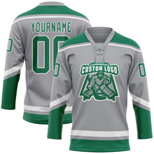 Laden Sie das Bild in den Galerie-Viewer, Custom Gray Kelly Green-White Hockey Lace Neck Jersey