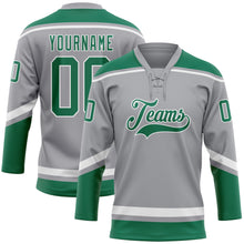 Laden Sie das Bild in den Galerie-Viewer, Custom Gray Kelly Green-White Hockey Lace Neck Jersey