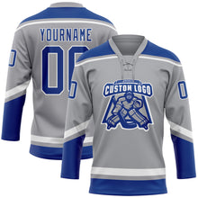 Laden Sie das Bild in den Galerie-Viewer, Custom Gray Royal-White Hockey Lace Neck Jersey