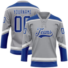 Laden Sie das Bild in den Galerie-Viewer, Custom Gray Royal-White Hockey Lace Neck Jersey