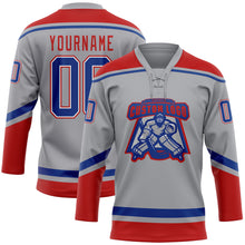 Laden Sie das Bild in den Galerie-Viewer, Custom Gray Royal-Red Hockey Lace Neck Jersey