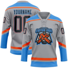 Laden Sie das Bild in den Galerie-Viewer, Custom Gray Black Powder Blue-Orange Hockey Lace Neck Jersey