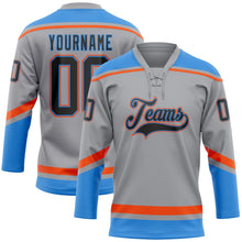 Laden Sie das Bild in den Galerie-Viewer, Custom Gray Black Powder Blue-Orange Hockey Lace Neck Jersey
