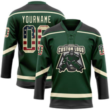 Загрузить изображение в средство просмотра галереи, Custom Green Vintage USA Flag Black-Cream Hockey Lace Neck Jersey