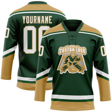 Загрузить изображение в средство просмотра галереи, Custom Green White-Old Gold Hockey Lace Neck Jersey