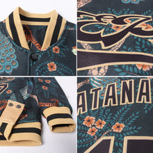 Laden Sie das Bild in den Galerie-Viewer, Custom Black Black-Old Gold Tiger And Peacock 3D Pattern Design Bomber Full-Snap Varsity Letterman Jacket