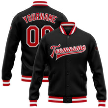 Load image into Gallery viewer, Custom Black Red-White Bomber Full-Snap Varsity Letterman Jacket