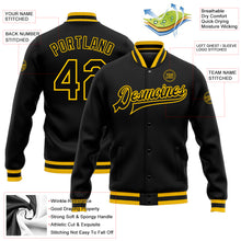 Load image into Gallery viewer, Custom Black Black-Gold Bomber Full-Snap Varsity Letterman Jacket