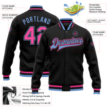 Load image into Gallery viewer, Custom Black Pink-Light Blue Bomber Full-Snap Varsity Letterman Jacket