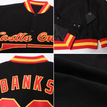 Load image into Gallery viewer, Custom Black Red-Gold Bomber Full-Snap Varsity Letterman Jacket