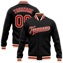 Load image into Gallery viewer, Custom Black Red-Cream Bomber Full-Snap Varsity Letterman Jacket