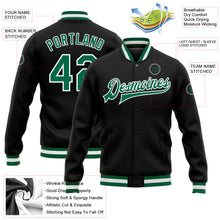 Load image into Gallery viewer, Custom Black Kelly Green-White Bomber Full-Snap Varsity Letterman Jacket