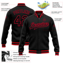 Charger l'image dans la galerie, Custom Black Black-Red Bomber Full-Snap Varsity Letterman Jacket