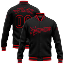 Charger l'image dans la galerie, Custom Black Black-Red Bomber Full-Snap Varsity Letterman Jacket