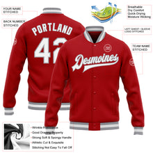 Charger l'image dans la galerie, Custom Red White-Gray Bomber Full-Snap Varsity Letterman Jacket