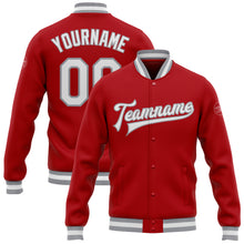 Charger l'image dans la galerie, Custom Red White-Gray Bomber Full-Snap Varsity Letterman Jacket