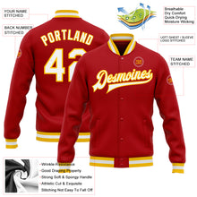 Charger l'image dans la galerie, Custom Red White-Gold Bomber Full-Snap Varsity Letterman Jacket