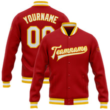 Charger l'image dans la galerie, Custom Red White-Gold Bomber Full-Snap Varsity Letterman Jacket
