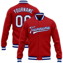 Charger l'image dans la galerie, Custom Red White-Royal Bomber Full-Snap Varsity Letterman Jacket