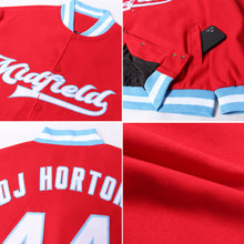 Charger l'image dans la galerie, Custom Red White-Light Blue Bomber Full-Snap Varsity Letterman Jacket
