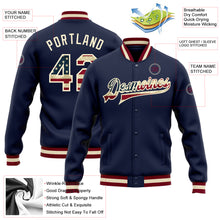 Загрузить изображение в средство просмотра галереи, Custom Navy Vintage USA Flag-Cream Bomber Full-Snap Varsity Letterman Jacket