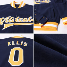Загрузить изображение в средство просмотра галереи, Custom Navy Gold-White Bomber Full-Snap Varsity Letterman Jacket