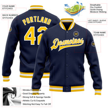 Загрузить изображение в средство просмотра галереи, Custom Navy Gold-White Bomber Full-Snap Varsity Letterman Jacket