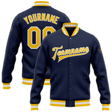 Загрузить изображение в средство просмотра галереи, Custom Navy Gold-White Bomber Full-Snap Varsity Letterman Jacket