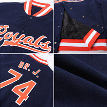 Charger l'image dans la galerie, Custom Navy Orange-White Bomber Full-Snap Varsity Letterman Jacket