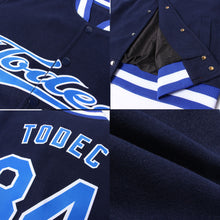 Charger l'image dans la galerie, Custom Navy Royal-White Bomber Full-Snap Varsity Letterman Jacket