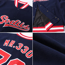 Загрузить изображение в средство просмотра галереи, Custom Navy Red-White Bomber Full-Snap Varsity Letterman Jacket