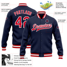 Загрузить изображение в средство просмотра галереи, Custom Navy Red-White Bomber Full-Snap Varsity Letterman Jacket