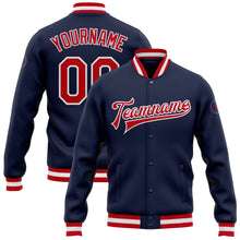 Загрузить изображение в средство просмотра галереи, Custom Navy Red-White Bomber Full-Snap Varsity Letterman Jacket