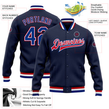 Загрузить изображение в средство просмотра галереи, Custom Navy Royal-Red Bomber Full-Snap Varsity Letterman Jacket