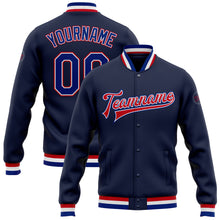 Загрузить изображение в средство просмотра галереи, Custom Navy Royal-Red Bomber Full-Snap Varsity Letterman Jacket