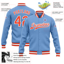 Load image into Gallery viewer, Custom Light Blue Orange-White Bomber Full-Snap Varsity Letterman Jacket