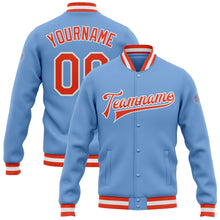 Load image into Gallery viewer, Custom Light Blue Orange-White Bomber Full-Snap Varsity Letterman Jacket